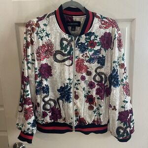 Colleen Lopez Floral Velour Snake Floral Print Bomber Jacket Womens Large VTG